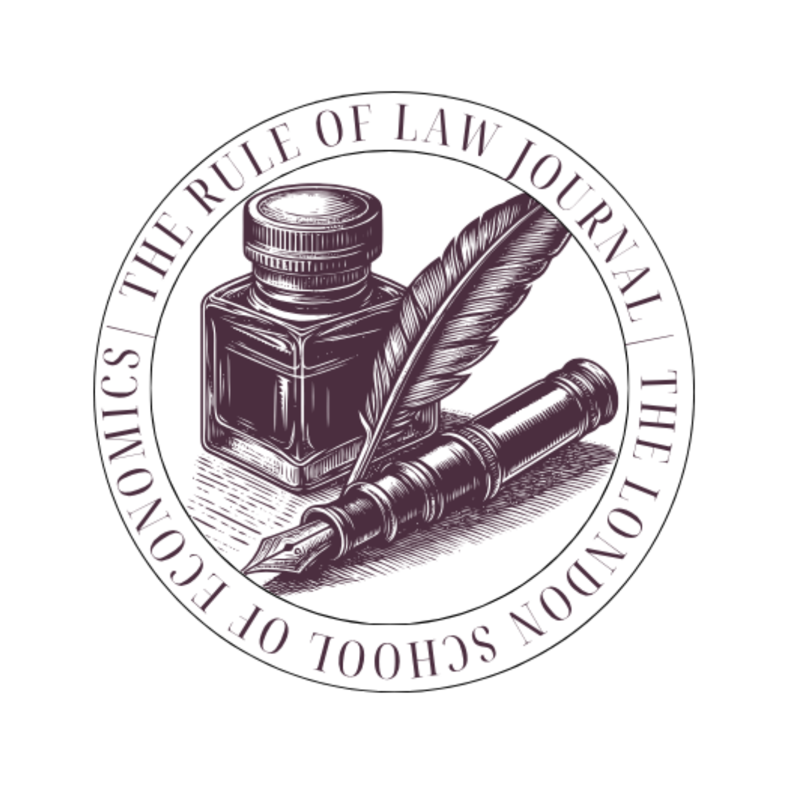 Logo of The Rule of Law Journal, London School of Economics. It features an ink bottle, a quill, and a rolled scroll in a vintage engraving style, encircled by the journal's name.